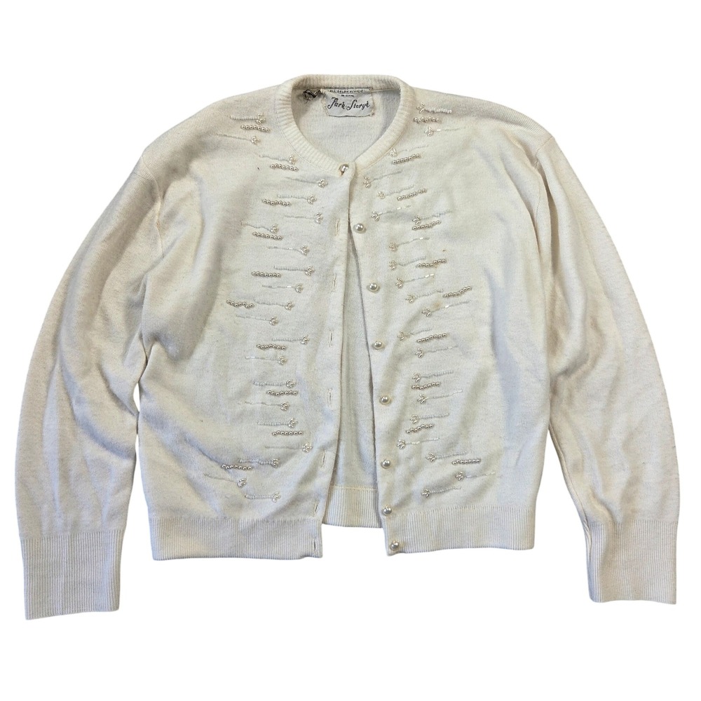 Vtg Park Storyk Cream Beaded Cardigan Faux Pearl Orlon Acrylic Sweater 50s 60s